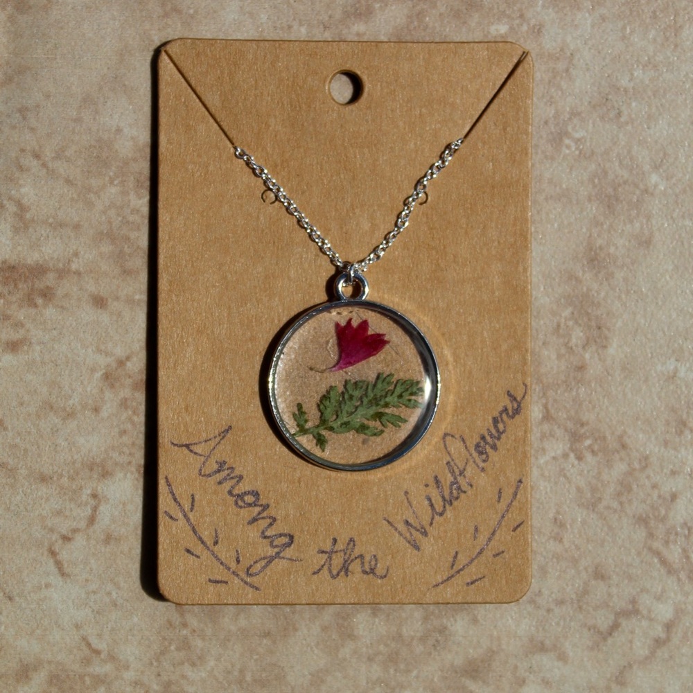 TINY PINK FLOWER AND FERN NECKLACE